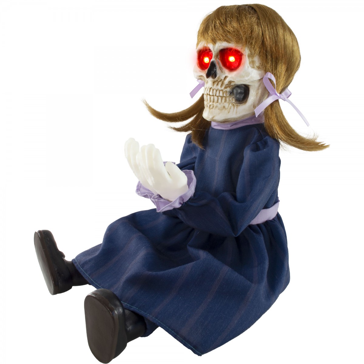 Animatronic Peek A Boo Polly, An Animatronic Skeleton Doll with Red Eyes is Sitting