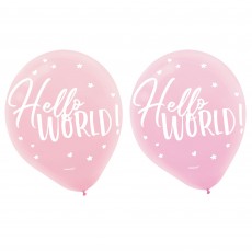 Oh Baby Girl Hello World! Teardrop Latex Balloons 30cm 15 pk
