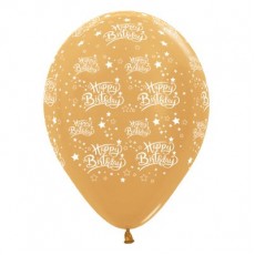 Teardrop Metallic Gold Happy Birthday Stars Latex Balloons 30cm Pack of 6