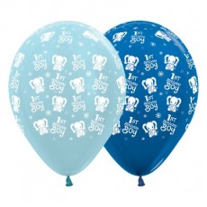 Boy's 1st Birthday Satin Pearl Blue & Metallic Blue Elephants Latex Balloons