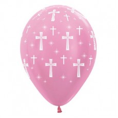 First Communion Satin Pearl Pink Holy Cross Latex Balloons