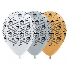 Teardrop Satin White, Silver & Metallic Gold Graduation Smiley Faces Latex Balloons 30cm Pack of 25