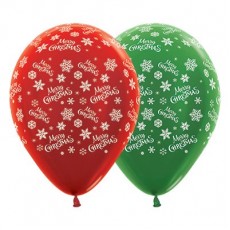 Metallic Red & Green Merry Christmas Snowflakes Latex Balloons 30cm 25 pk