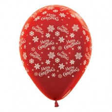 Metallic Red Merry Christmas Snowflakes Latex Balloons 30cm 25 pk