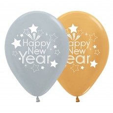 Metallic Silver & Gold Happy New Year Latex Balloons 30cm 25 pk