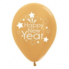 Metallic Gold Happy New Year Latex Balloons 30cm 6 pk