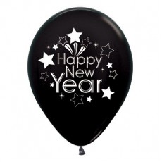 Metallic Black Happy New Year Latex Balloons 30cm 6 pk