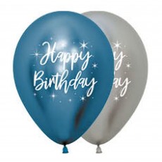 Happy Birthday Metallic Reflex Blue & Silver  Latex Balloons