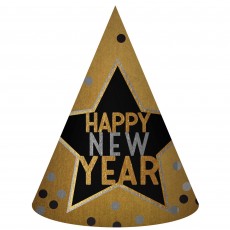 Gold, Black & Silver Happy New Year Cone Party Hat 19cm