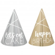 Happy Birthday Party Supplies - Party Hats Mini Cone Silver & Gold