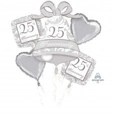 25th Anniversary Silver Scroll Bouquet Foil Balloons 5 pk