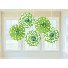 Kiwi Green & White Dots & Stripes Printed Paper Fan Hanging Decorations 20.3cm Pack of 5