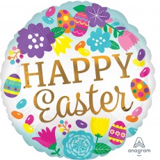 Happy Easter Eggs & Tulips Round Foil Balloon 45cm