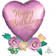 Happy Birthday Satin Heart with Flowers SuperShape Shaped Balloon 58cm x 76cm