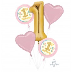 Girl's 1st Birthday Pink & Gold Bouquet Foil Balloons 5 pk