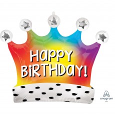 SuperShape Satin Rainbow Crown Happy Birthday! Shaped Balloon 68cm x 53cm