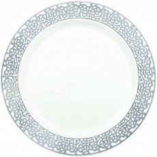 White with Silver Lace Border Round Lunch Plates 19cm 20 pk