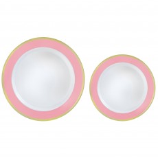 New Pink Border Premium Reusable Plastic Round Banquet Plates 26cm & 19cm 20 pk