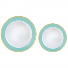 Robin's Egg Blue Border Premium Reusable Plastic Round Banquet Plates 26cm & 19cm 20 pk