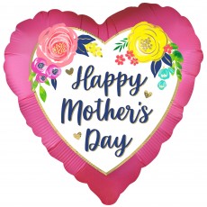 Happy Mother's Day Watercolour Floral Pink Satin Heart Shaped Balloon 45cm