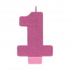 Number 1 Party Supplies - Candle Pink Glitter 8cm