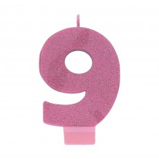 Number 9 Party Supplies - Candle Pink Glitter 8cm