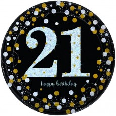 Round Black, Gold & Silver 21st Birthday Sparkling Celebration Prismatic Dinner Plates 23cm Pack of 8