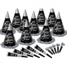 Black & Silver Happy New Year Party Box Kit For 100 Guests