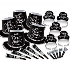 Black & Silver Happy New Year Party Box Kit For 20 Guests