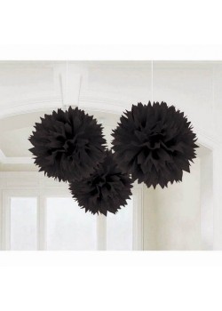 Black Fluffy Tissue Hanging Decorations 40cm 3 pk Black Fluffy Tissue Hanging Decorations 40cm 3 pk