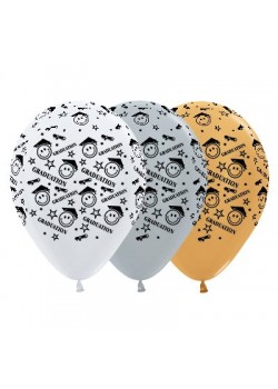 Teardrop Satin White, Silver & Metallic Gold Graduation Smiley Faces Latex Balloons 30cm Pack of 25