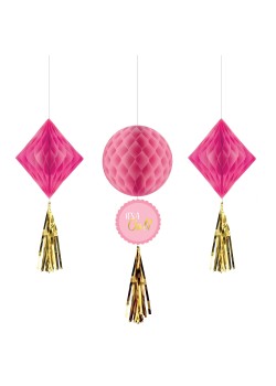Baby Shower Girl Honeycomb Hanging Decorations 3 pk