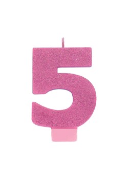 Number 5 Party Supplies - Candle Pink Glitter 8cm