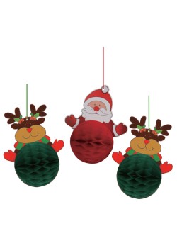 Christmas Santa & Reindeers Honeycomb Hanging Decorations 3 pk