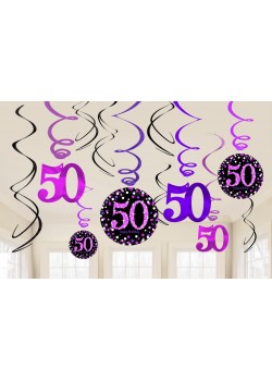 50th Birthday Pink Celebration Swirl Hanging Decorations 12 pk 50th Birthday Pink Celebration Swirl Hanging Decorations 12 pk