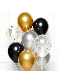New Year Black, Silver & Gold  Latex Balloons