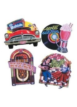 Rock n Roll 50's Jukebox, Car, Dancing & Record Cutouts 35cm to 42cm Pack of 4