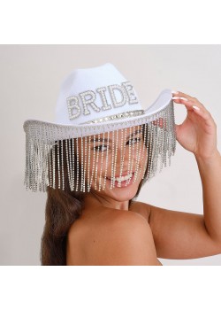 White Bride Hen Party Diamante Tassels Cowboy Hat