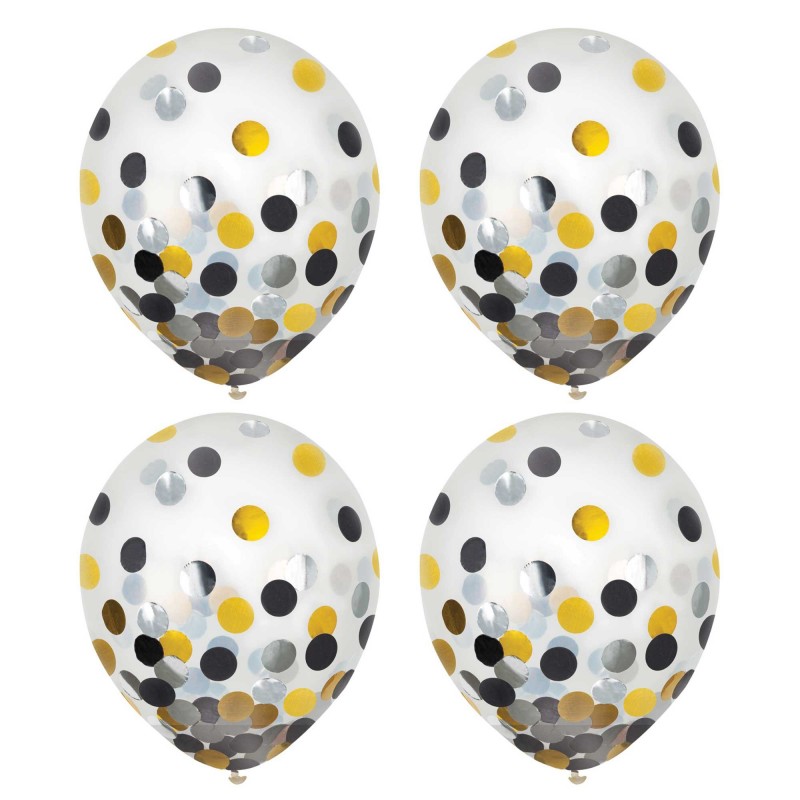 Dots Black, Silver & Gold Confetti Latex Balloons 30cm 6 pk