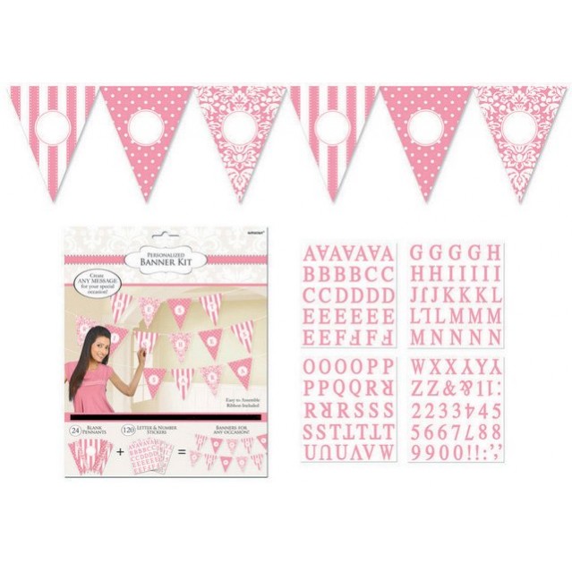 Dots & Stripes New Pink Personalized Pennant Banner