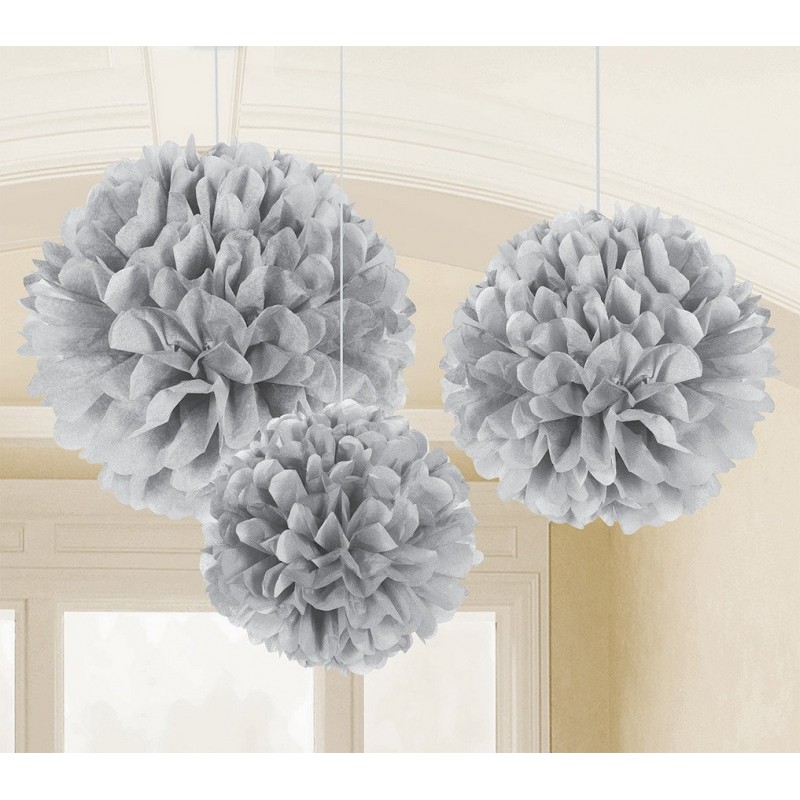 Silver Fluffy Tissue Pom Poms Hanging Decorations 40cm Pack of 3