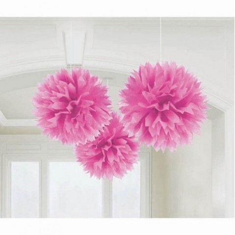 Bright Pink Fluffy Tissue Hanging Decorations 40cm 3 pk