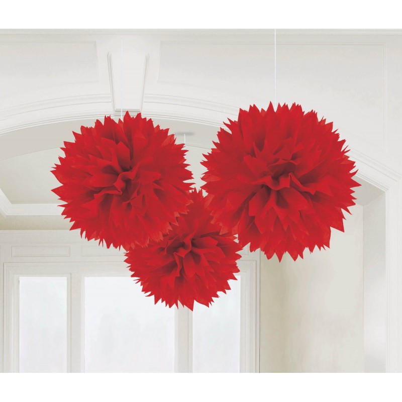 Apple Red Fluffy Tissue Hanging Decorations 40cm 3 pk