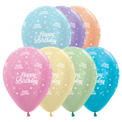 Teardrop Pearl Satin Assorted Colours Happy Birthday Twinkling Stars Latex Balloons 30cm Pack of 25