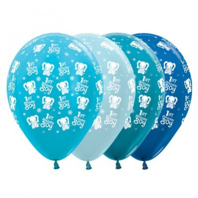 Teardrop Satin Pearl & Metallic Blue Boy's 1st Birthday Elephants 1st Birthday Boy Latex Balloons 30cm Pack of 25