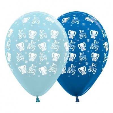 Teardrop Satin Pearl Blue & Metallic Blue Boy's 1st Birthday Elephants 1st Birthday Boy Latex Balloons 30cm Pack of 6