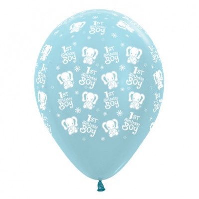 Teardrop Satin Pearl Blue Boy's 1st Birthday Elephants 1st Birthday Boy Latex Balloons 30cm Pack of 6 - NFS Party