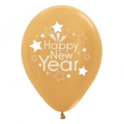 Metallic Gold Happy New Year Latex Balloons 30cm 6 pk