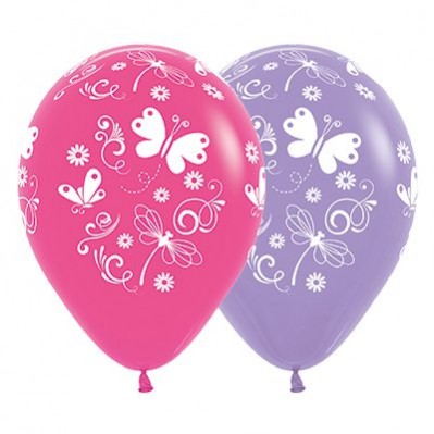 Teardrop Fashion Fuchsia & Lilac Multi Colour Butterflies & Dragonflies Latex Balloons 30cm Pack of 25