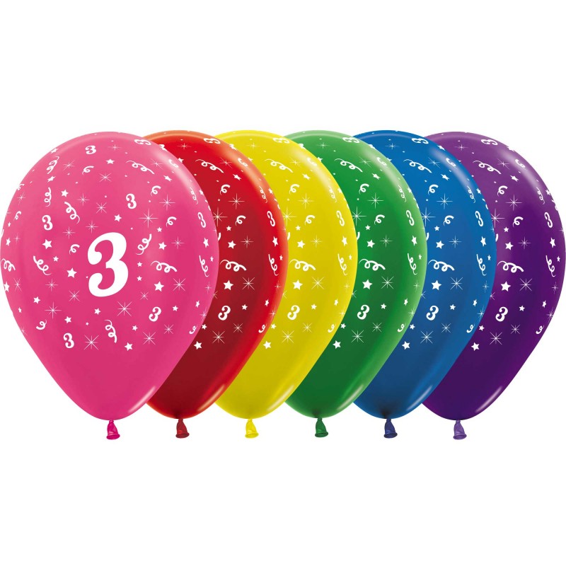 Number 3 Metallic Assorted Latex Balloons - 30cm - 25 pk